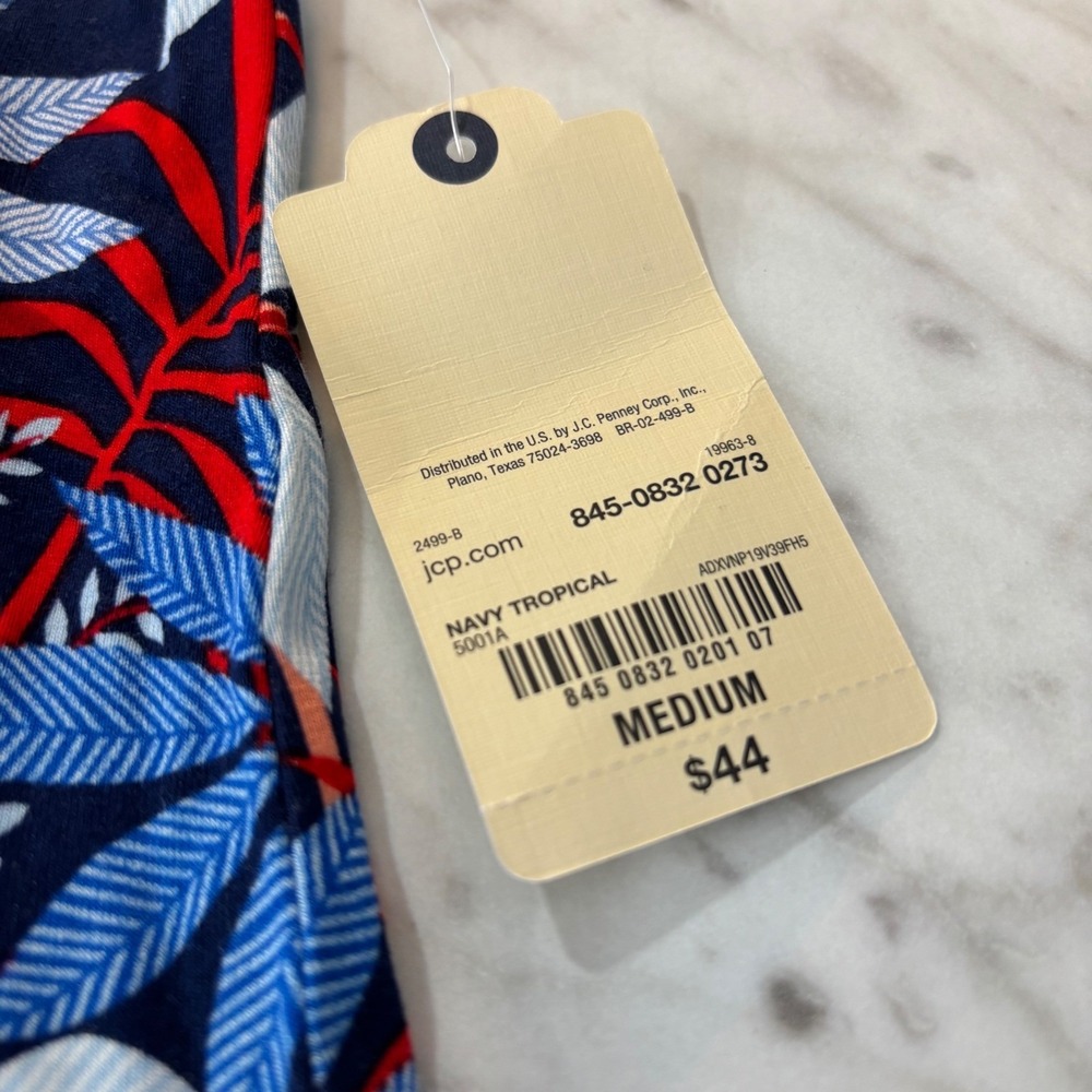 St Johns Bay Womens Tropical Leaf Print Knit Dress Navy Red Medium NWT 845-0832 - Picture 4 of 7